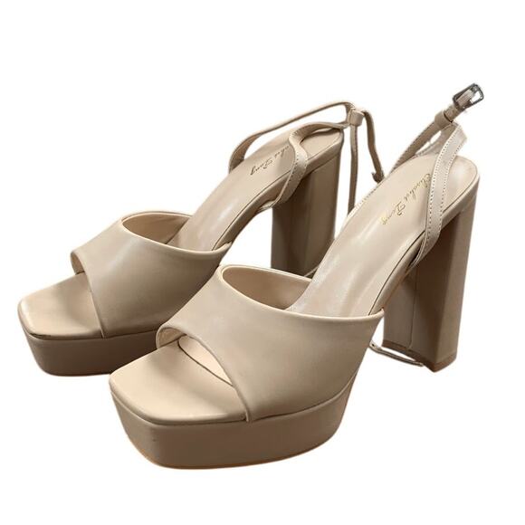 Elisabet Tang Womens Size 8.5 Tan 5" Block Heel Open Toe Ankle Strap Shoes - Picture 2 of 6